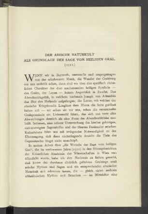 Der arische Naturkult als Grundlage der Sage vom Heiligen Gral. (1911.)