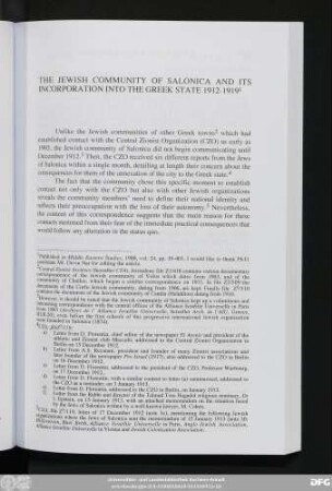 The Jewish Community Of Salonica And Its Incorporation Into The Greek State 1912-1919