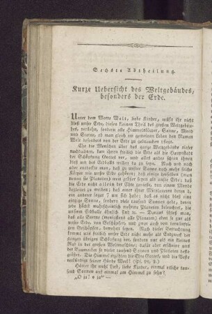 Sechste Abtheilung. Kurze Uebersicht des Weltgebäudes, besonders der Erde.