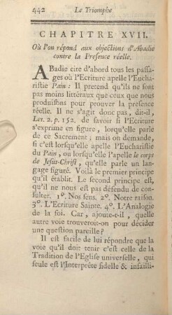 Chapitre XVII. Où l'on répont aux objections d'Abadie contre la Presence réelle.