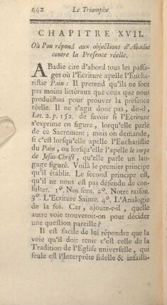 Chapitre XVII. Où l'on répont aux objections d'Abadie contre la Presence réelle.