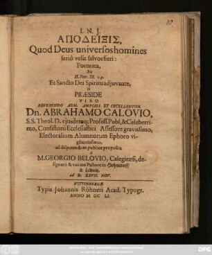 Apodeixis, Quod Deus universos homines seriò velit salvos fieri: Formata, Ex II. Petr. III. v. 9