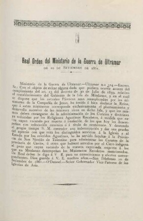 Real Orden del Ministerio de la Guerra de Ultramar de 10 Setiembre de 1861
