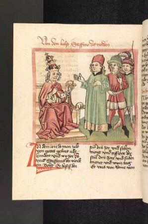 Der thronende Papst Stephan IV. mit vier Gläubigen