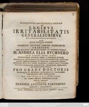 Dissertatio Inavgvralis Medica De Legibvs Irritabilitatis Generalioribvs