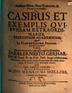 De casibus et exemplis quibusdam extraordinariis exercitium academicum