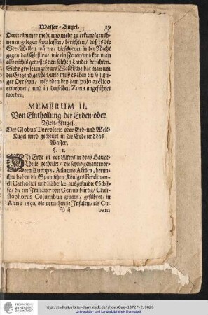 Membrum II. Von Eintheilung der Erden- oder Weltkugel.