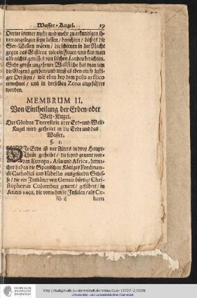 Membrum II. Von Eintheilung der Erden- oder Weltkugel.