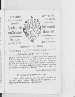 34tes Stück, Ausgabe vom 20. August 1777