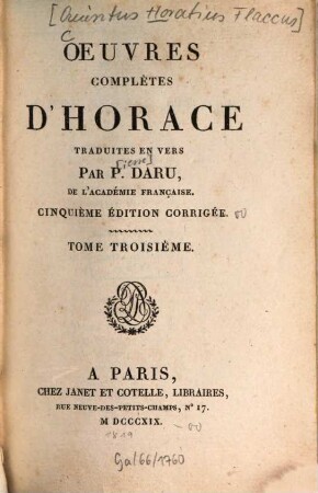 Oeuvres complètes d'Horace, 3. [Satires. Notes sur les satires]