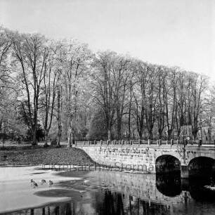 Schlossbrücke: mit Gittertor: äußerer Schlossgraben mit Eisdecke, darauf Wasservögel: hinten Schlossinsel, an Weg steinerne Löwen: Rauhreif: im Winter
