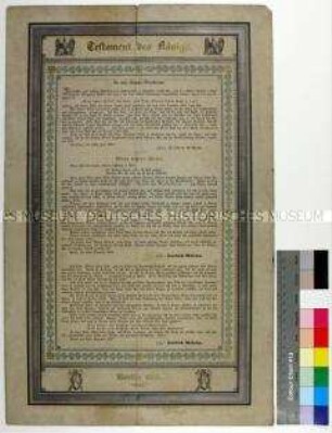 Bekanntmachung von Friedrich Wilhelm IV. König von Preußen mit einem Abdruck des Testaments seines Vaters Friedrich Wilhelm III. vom 1. Dezember 1827
