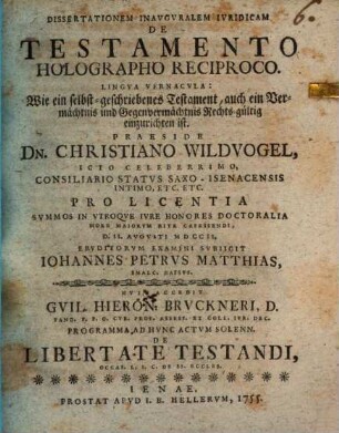 Diss. inaug. iur. de testamento holographo reciproco
