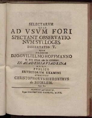 Selectarum quae ad usum fori spectant ... Dissertatio V.