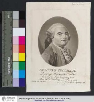 Gregoire Guglielmi / Peintre en Histoires tres Celebre, nè à Rome Le 13. Decembre 1714 : Mort à St. Petersbourg Le 2. Fevrier 1773 / Dessinè par Lui meme ; Gravè par J. Elie Haid à Augsbourg 1768