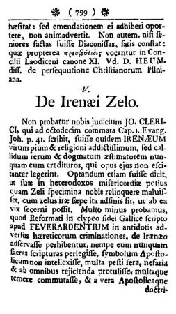 V. De Irenæi Zelo.