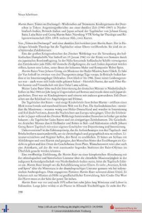 Martin Baier: Tränen im Dschungel – Wiedersehen auf Trümmern. Kindergärtnerin der Deutschen in Tokyo. Augenzeugenberichte aus einer dunklen Zeit (1940–1947) in Niederländisch-Indien, Britisch-Indien und Japan anhand der Tagebücher von Johann Georg Baier, Luise Baier und Georg Martin Baier. Nürnberg 2014.
