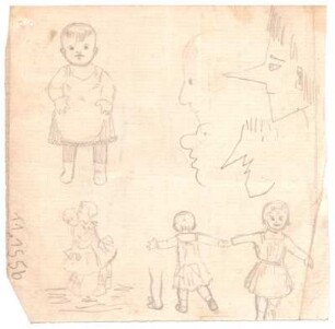 Bewegungsstudien Kinder : Ein stehendes Kleinkind frontal dargestellt; Profildarstellungen einer Pinocchio-Figur; tanzende Kinderpaare