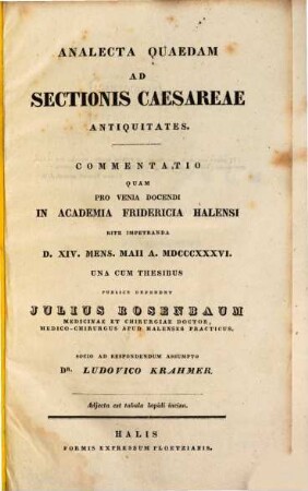 Analecta quaedam ad sectionis caesareae antiquitates : commentatio ; adiecta est tabula lapidi incisa
