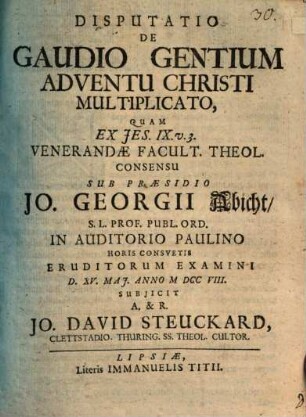 Disputatio de gaudio gentium adventu Christi multiplicato