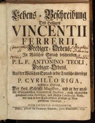 Lebens-Beschreibung Des Heiligen Vincentii Ferrerii, Prediger-Ordens