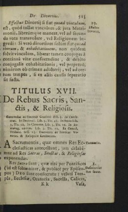 Titulus XVII. De Rebus Sacris, sanctis, & Religiosis.
