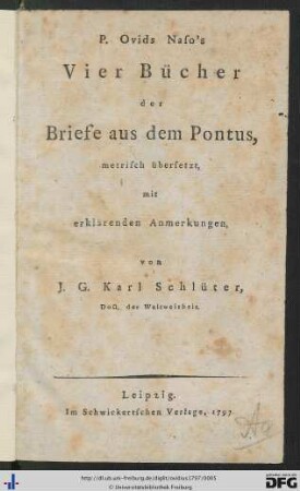 P. Ovids Naso's Vier Bücher der Briefe aus dem Pontus