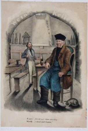 Karikatur auf das Dresdner Original, den Wirt des Weinkellers in der Webergasse 6 in Dresden, Vater Kohl (gest. 1862), über dessen Grobheiten sich die Gäste amüsierten