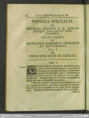 Physica Specialis. De Speciebus Omnium C. N. Eorundemque Principiis Et Affectionibus