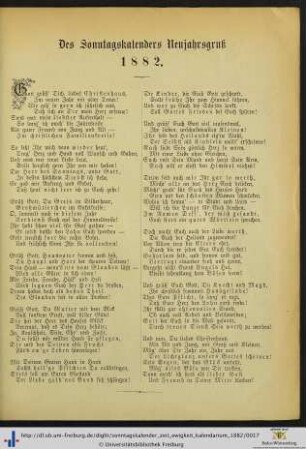 Des Sonntagskalenders Neujahrsgruß 1882.