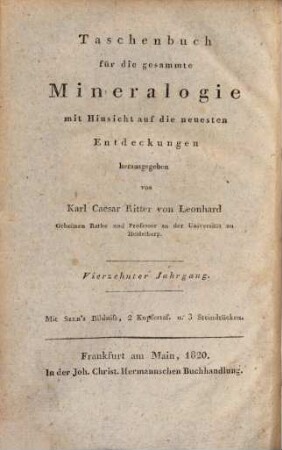 Taschenbuch für die gesammte Mineralogie mit Hinsicht auf die neuesten Entdeckungen : für das Jahr ..., 14. 1820, 1