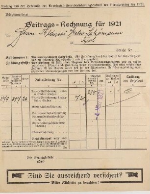 Beitrags-Rechnungen der Provinzial-Feuerversicherungsanstalt (4. März 1921)
