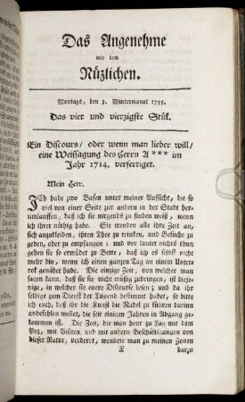 Das vier und vierzigste Stück. Montags, den 3. Wintermonat, 1755.