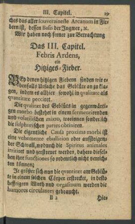 Das III. Capitel. Febris Ardens, ein Hitziges-Fieber