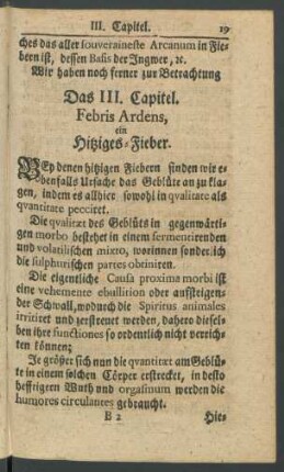 Das III. Capitel. Febris Ardens, ein Hitziges-Fieber