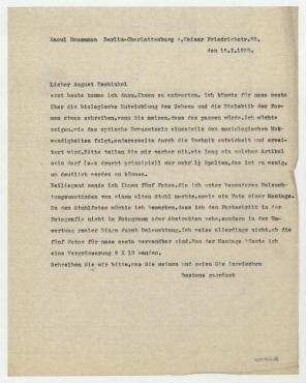 Brief von Raoul Hausmann an August Tschinkel. Berlin