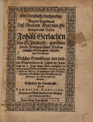 Leichpredigt bey der Begräbnus ... Johann Gerlacher von St. Ingbrecht