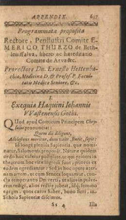 I. Exequiae Haquini Iohannis Wastenensis Gothi.