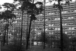 Berlin: Le Corbusier-Haus; Vordergrund Kiefern (Westseite)