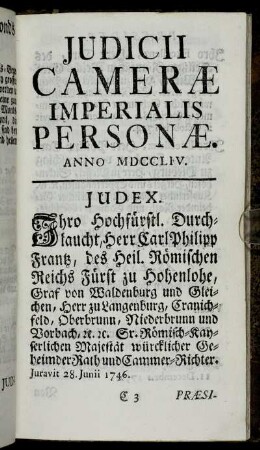 Judicii Cameræ Imperialis Personæ. Anno MDCCLIV.