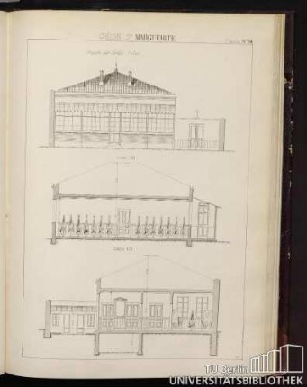 Planche No. 34 Crèche S.te Marguerite. Façade sur Jardin (1/000), coupe AB, coupe CD