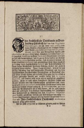 Ihro Hochfürstliche Durchlaucht zu Brandenburg-Culmbach[...]