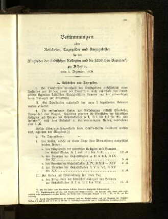 Bestimmungen über Reisekosten, Tagegelder und Umzugskosten für die Mitglieder der städtischen Kollegien und die städtischen Beamten zu Altona.