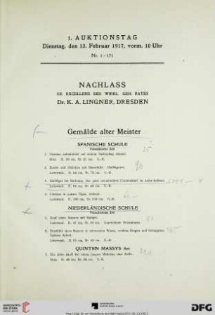 1. Auktionstag: Dienstag, den 13. Februar 1917, vorm. 10 Uhr (Nr. 1-171)