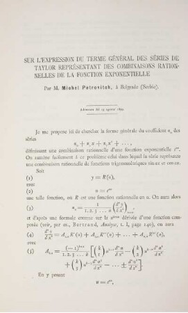 Sur l´expression du terme général des séries de taylor représentant des combinaisons rationnelles de la fonction exponentielle.