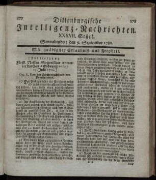 XXXVII. Stück. Sonnabends : den 9. September 1780.