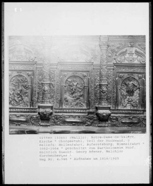 Chorgestühl, Rückwand, Detail: Höllenfahrt, Auferstehung, Himmelfahrt