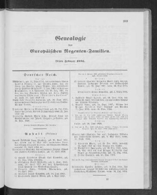 Genealogie der Europäischen Regenten-Familien. Mitte Februar 1886.