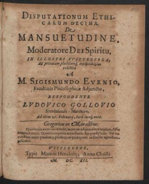 Disputationum Ethicarum Decima. De Mansuetudine
