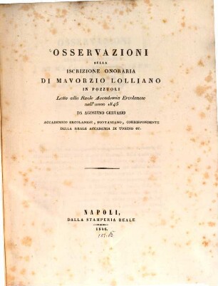Osservazioni sulla iscrizione onoraria de Mavorzio Lolliano i Pozzuoli